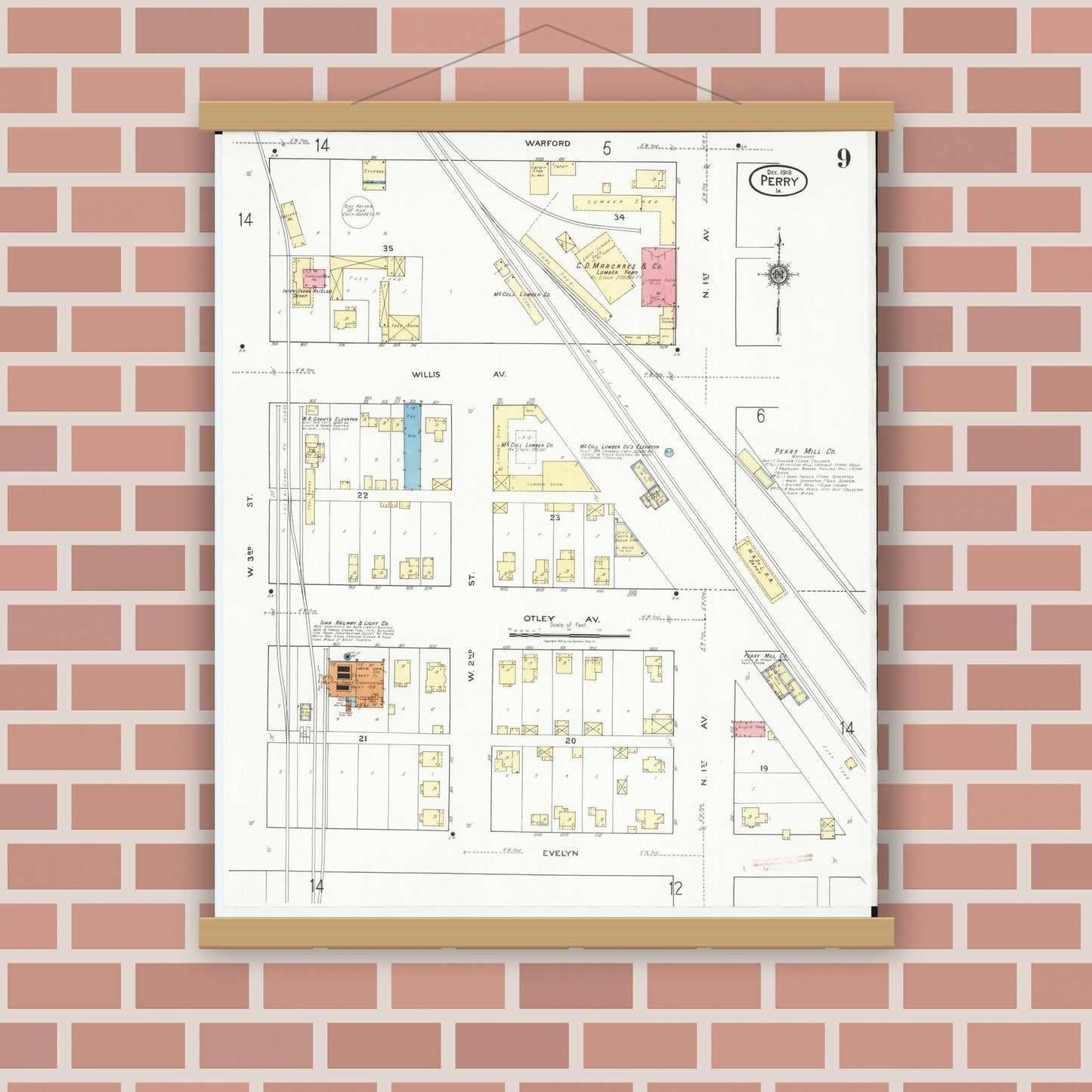 Old map wall art mockup — magnetic wood frame on brick wall — Sanborn Fire Insurance Map from Perry, Dallas County, Iowa (1918), Sheet #0009