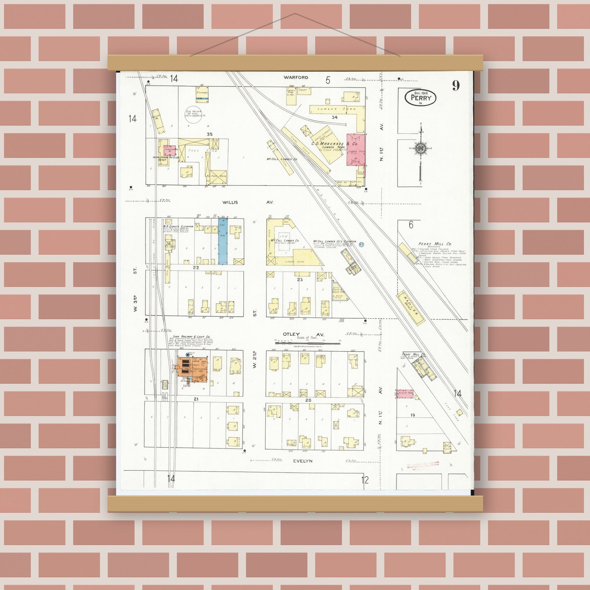 Old map wall art mockup — magnetic wood frame on brick wall — Sanborn Fire Insurance Map from Perry, Dallas County, Iowa (1918), Sheet #0009