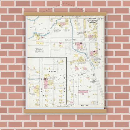 Old map wall art mockup — magnetic wood frame on brick wall — Sanborn Fire Insurance Map from Ann Arbor, Washtenaw County, Michigan (1892), Sheet #0010