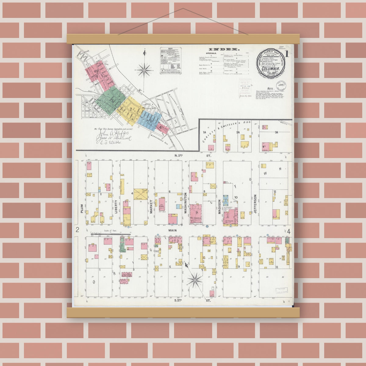 Old map wall art mockup — magnetic wood frame on brick wall — Sanborn Fire Insurance Map from Columbia, Monroe County, Illinois (1899), Sheet #0001