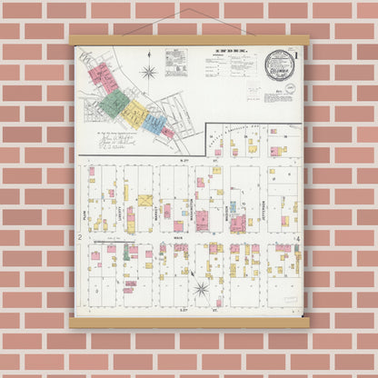 Old map wall art mockup — magnetic wood frame on brick wall — Sanborn Fire Insurance Map from Columbia, Monroe County, Illinois (1899), Sheet #0001