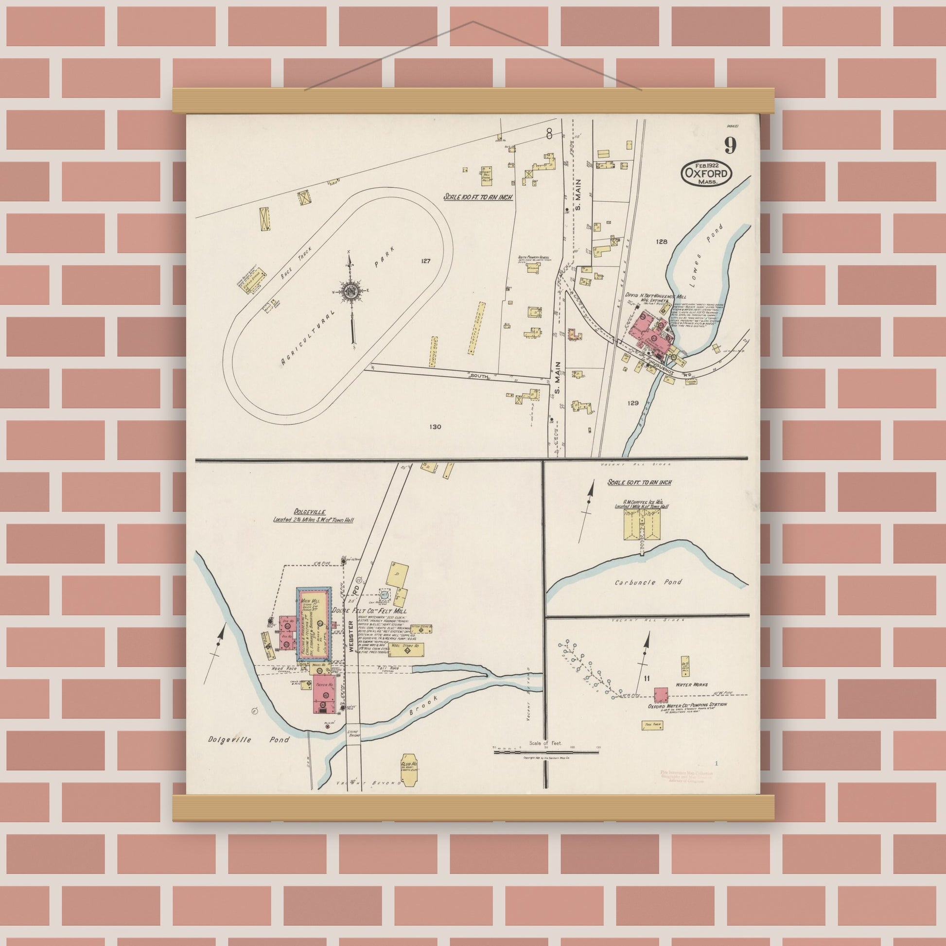 Old map wall art mockup — magnetic wood frame on brick wall — Sanborn Fire Insurance Map from Oxford, Worcester County, Massachusetts (1922), Sheet #0009