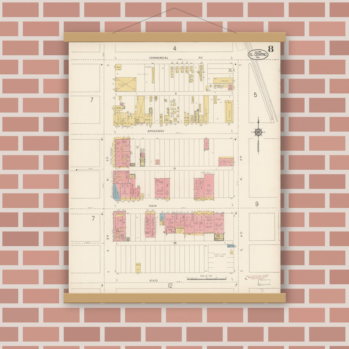 Old map wall art mockup — magnetic wood frame on brick wall — Sanborn Fire Insurance Map from El Centro, Imperial County, California (1914), Sheet #0008