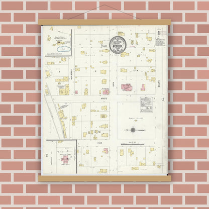 Old map wall art mockup — magnetic wood frame on brick wall — Sanborn Fire Insurance Map from Mendon, Adams County, Illinois (1910), Sheet #0001