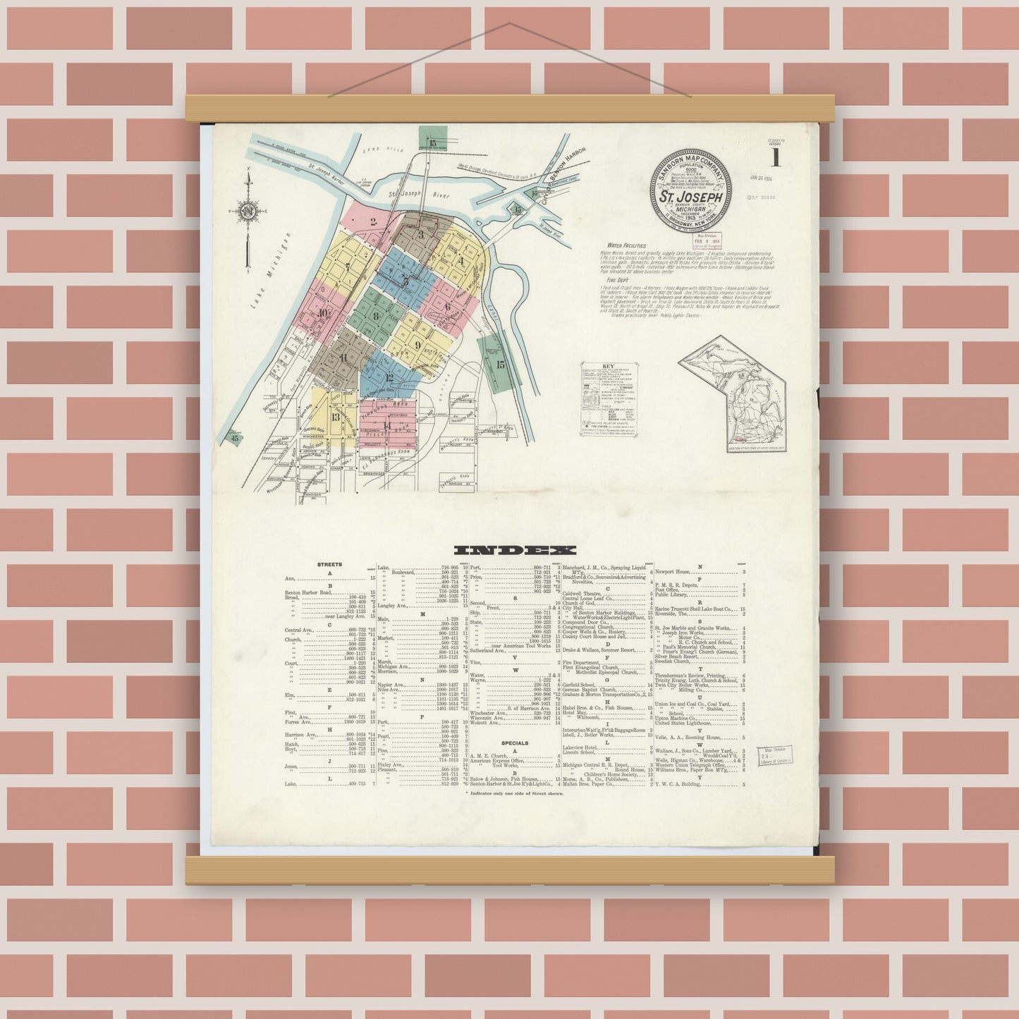 Old map wall art mockup — magnetic wood frame on brick wall — Sanborn Fire Insurance Map from Saint Joseph, Berrien County, Michigan (1913) - Complete Map Set