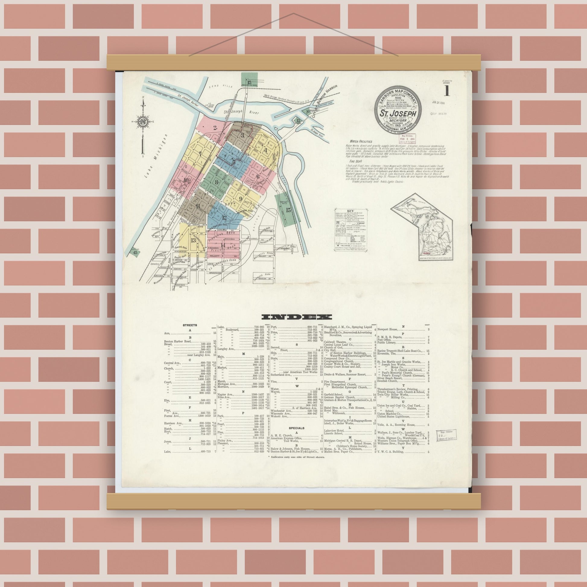 Old map wall art mockup — magnetic wood frame on brick wall — Sanborn Fire Insurance Map from Saint Joseph, Berrien County, Michigan (1913) - Complete Map Set