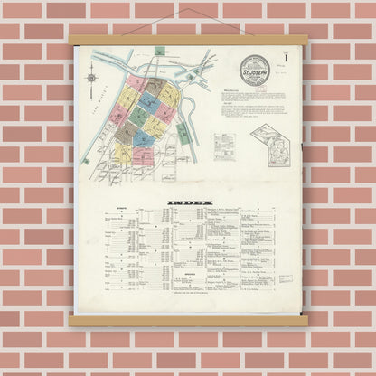 Old map wall art mockup — magnetic wood frame on brick wall — Sanborn Fire Insurance Map from Saint Joseph, Berrien County, Michigan (1913) - Complete Map Set