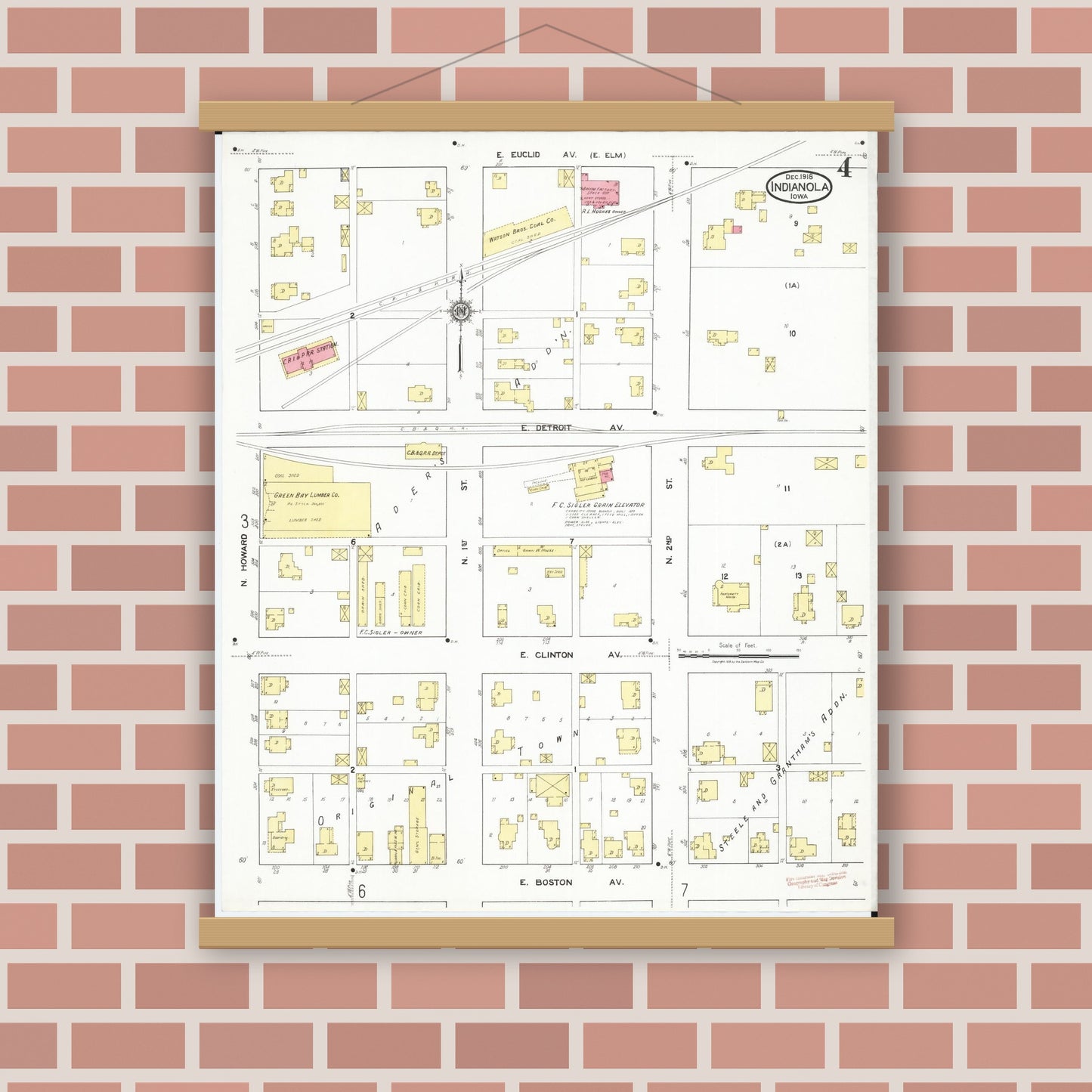 Old map wall art mockup — magnetic wood frame on brick wall — Sanborn Fire Insurance Map from Indianola, Warren County, Iowa (1918), Sheet #0004