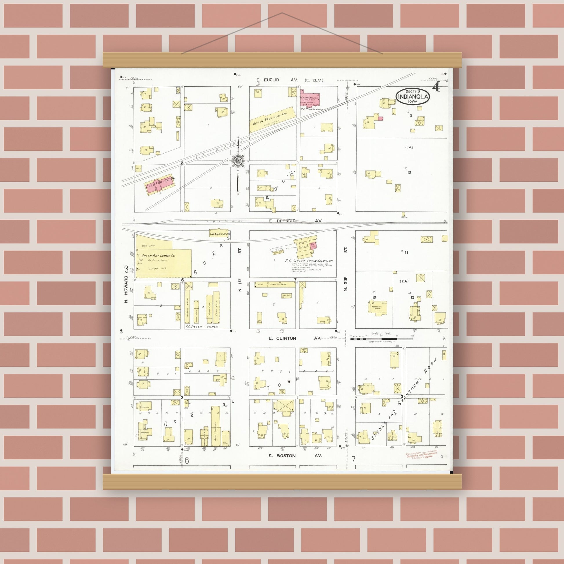 Old map wall art mockup — magnetic wood frame on brick wall — Sanborn Fire Insurance Map from Indianola, Warren County, Iowa (1918), Sheet #0004
