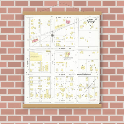 Old map wall art mockup — magnetic wood frame on brick wall — Sanborn Fire Insurance Map from Indianola, Warren County, Iowa (1918), Sheet #0004