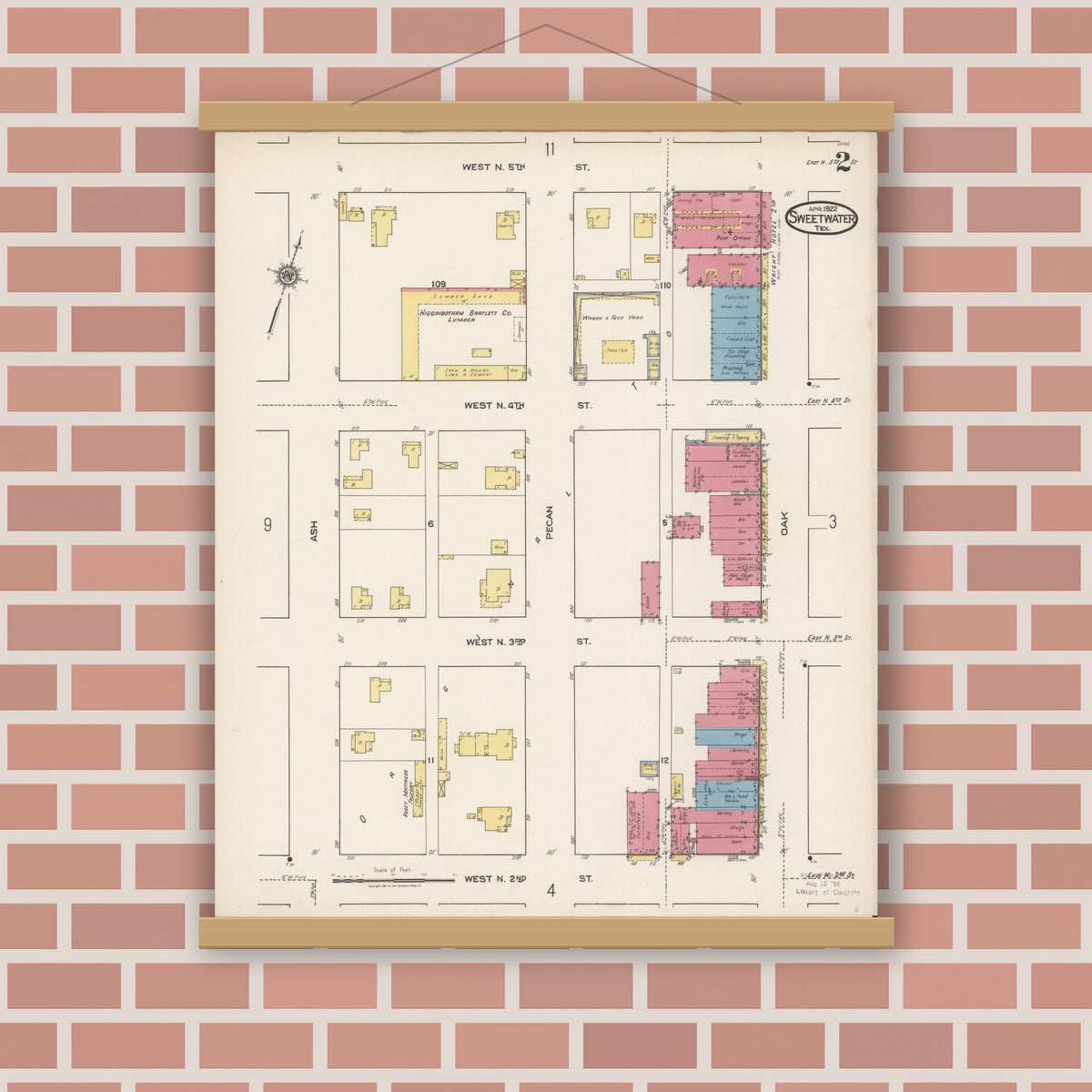 Old map wall art mockup — magnetic wood frame on brick wall — Sanborn Fire Insurance Map from Sweetwater, Nolan County, Texas (1922), Sheet #0002