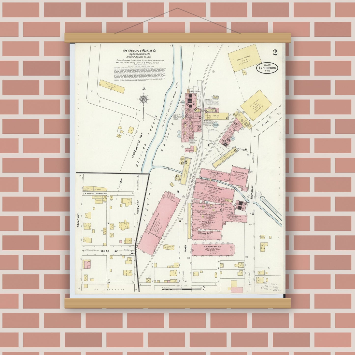 Old map wall art mockup — magnetic wood frame on brick wall — Sanborn Fire Insurance Map from Lynchburg, Highland County, Ohio (1911), Sheet #0002
