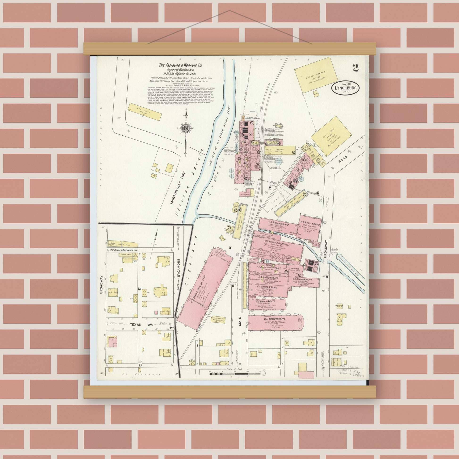 Old map wall art mockup — magnetic wood frame on brick wall — Sanborn Fire Insurance Map from Lynchburg, Highland County, Ohio (1911), Sheet #0002