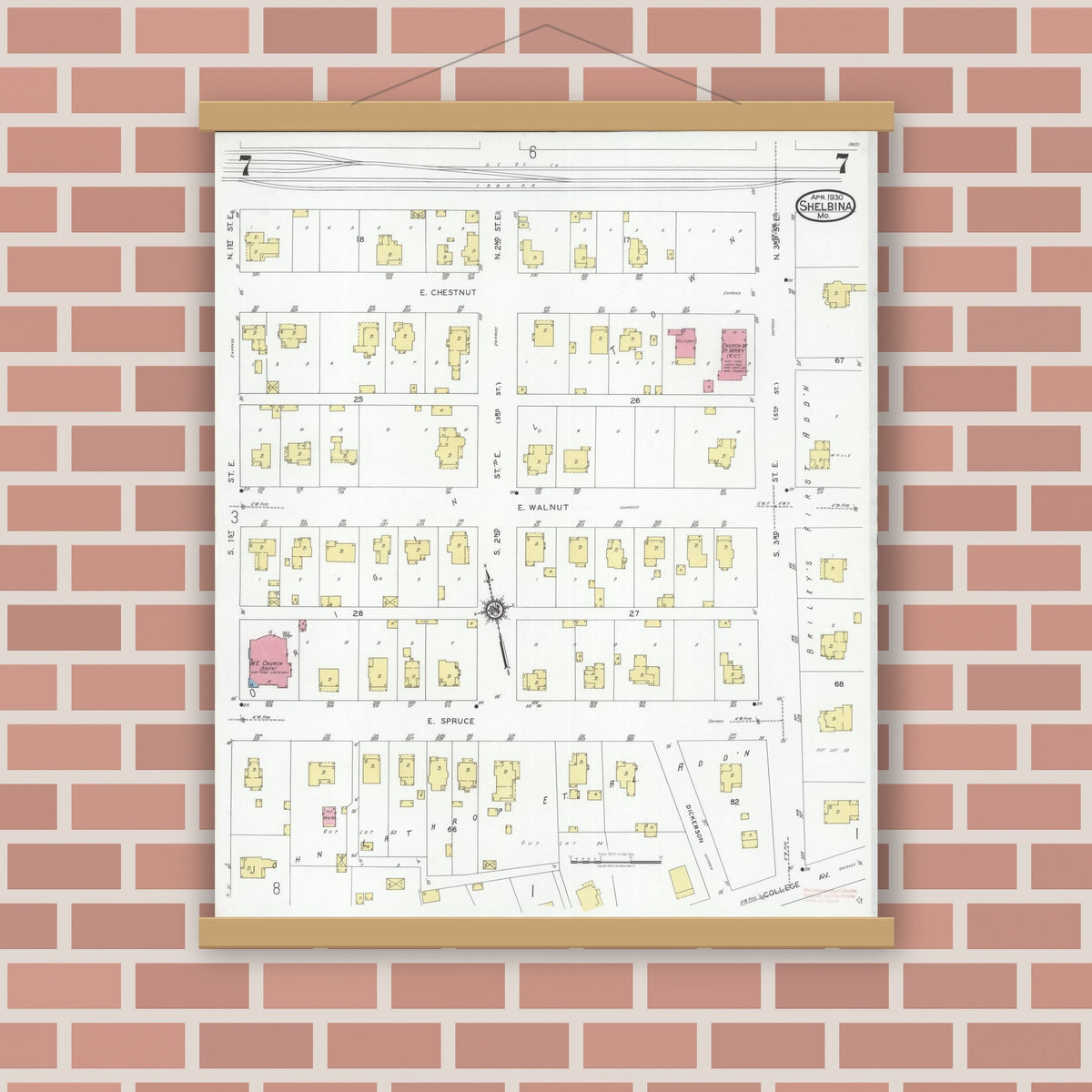 Old map wall art mockup — magnetic wood frame on brick wall — Sanborn Fire Insurance Map from Shelbina, Shelby County, Missouri (1930), Sheet #0007