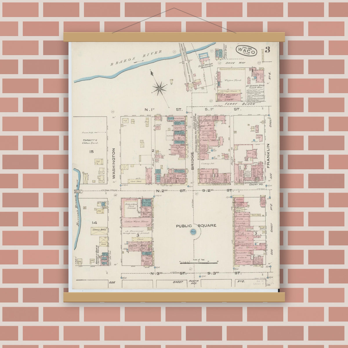 Old map wall art mockup — magnetic wood frame on brick wall — Sanborn Fire Insurance Map from Waco, McLennan County, Texas (1885), Sheet #0003