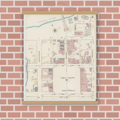 Old map wall art mockup — magnetic wood frame on brick wall — Sanborn Fire Insurance Map from Waco, McLennan County, Texas (1885), Sheet #0003