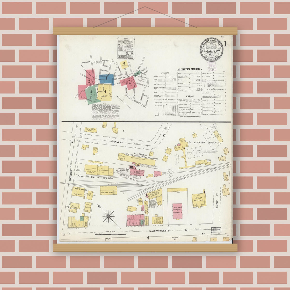 Old map wall art mockup — magnetic wood frame on brick wall — Sanborn Fire Insurance Map from Lexington, Middlesex County, Massachusetts (1903) - Complete Map Set