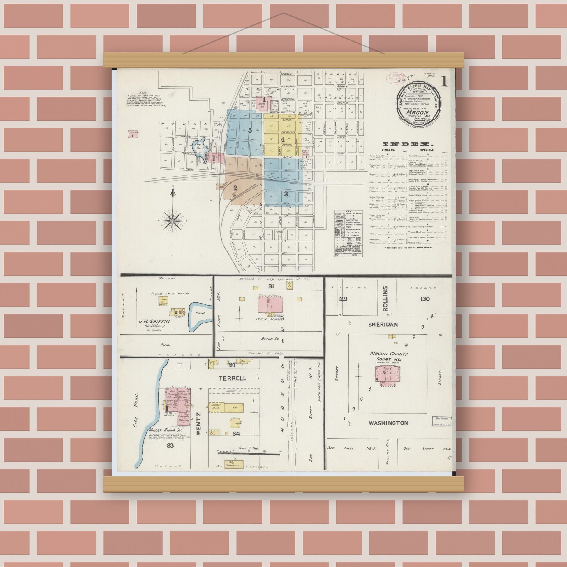 Old map wall art mockup — magnetic wood frame on brick wall — Sanborn Fire Insurance Map from Macon, Macon County, Missouri (1890) - Complete Map Set