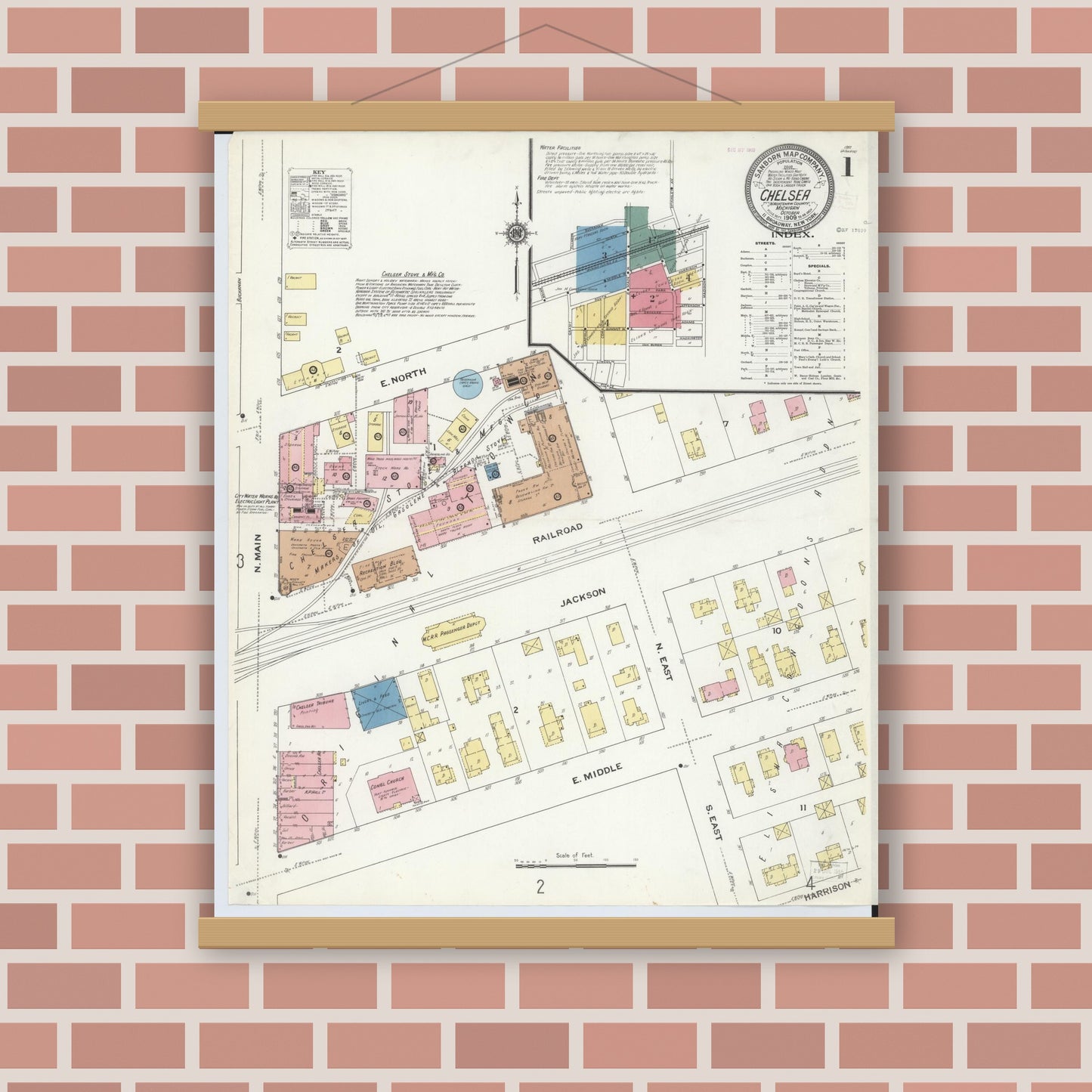 Old map wall art mockup — magnetic wood frame on brick wall — Sanborn Fire Insurance Map from Chelsea, Washtenaw County, Michigan (1909), Sheet #0001