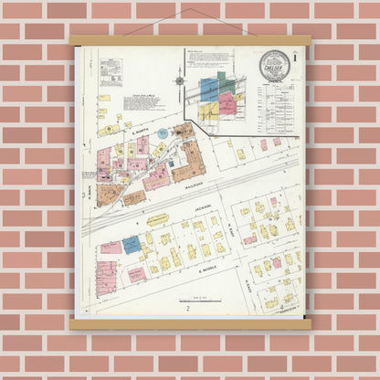 Old map wall art mockup — magnetic wood frame on brick wall — Sanborn Fire Insurance Map from Chelsea, Washtenaw County, Michigan (1909), Sheet #0001