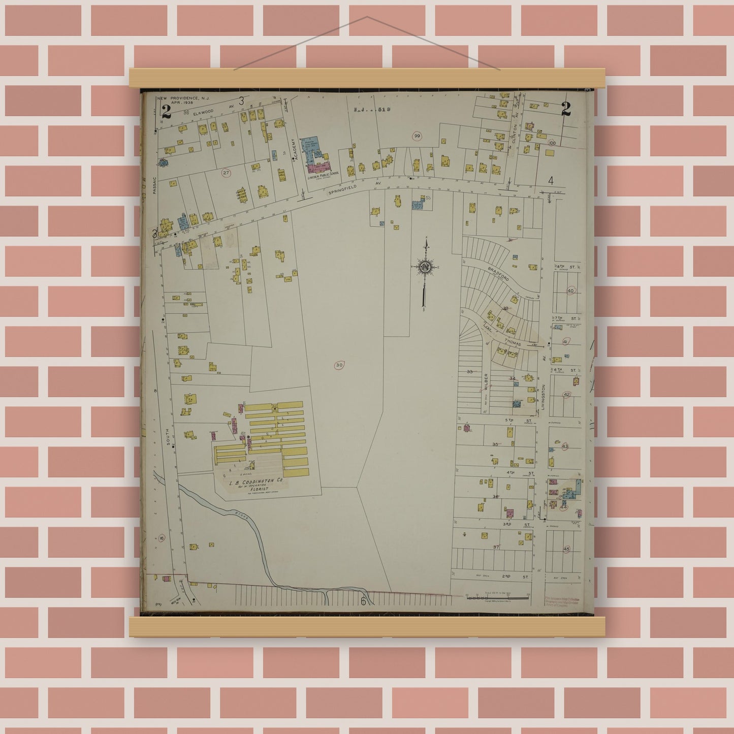 Old map wall art mockup — magnetic wood frame on brick wall — Sanborn Fire Insurance Map from New Providence, Union County, New Jersey (1944), Sheet #0002