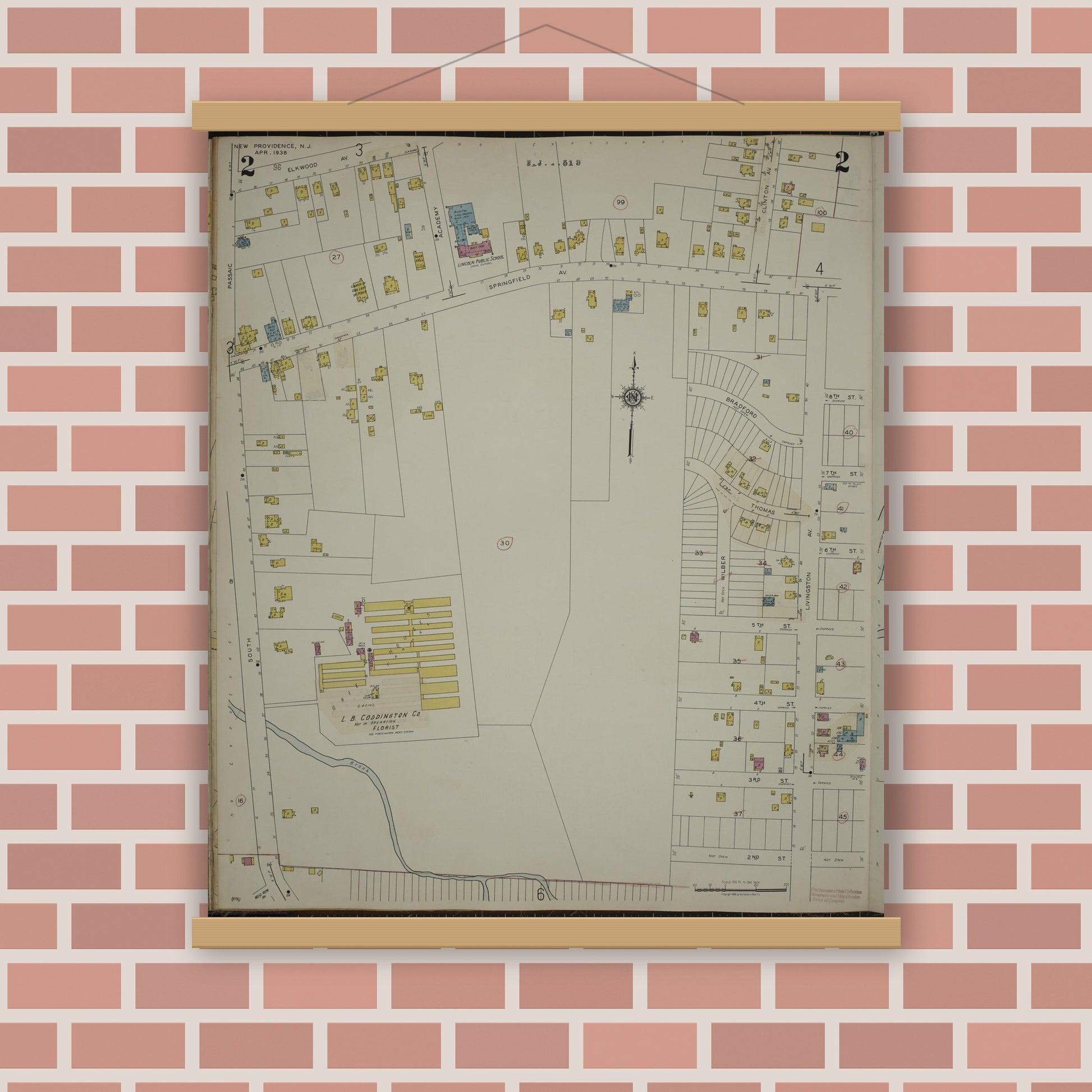 Old map wall art mockup — magnetic wood frame on brick wall — Sanborn Fire Insurance Map from New Providence, Union County, New Jersey (1944), Sheet #0002