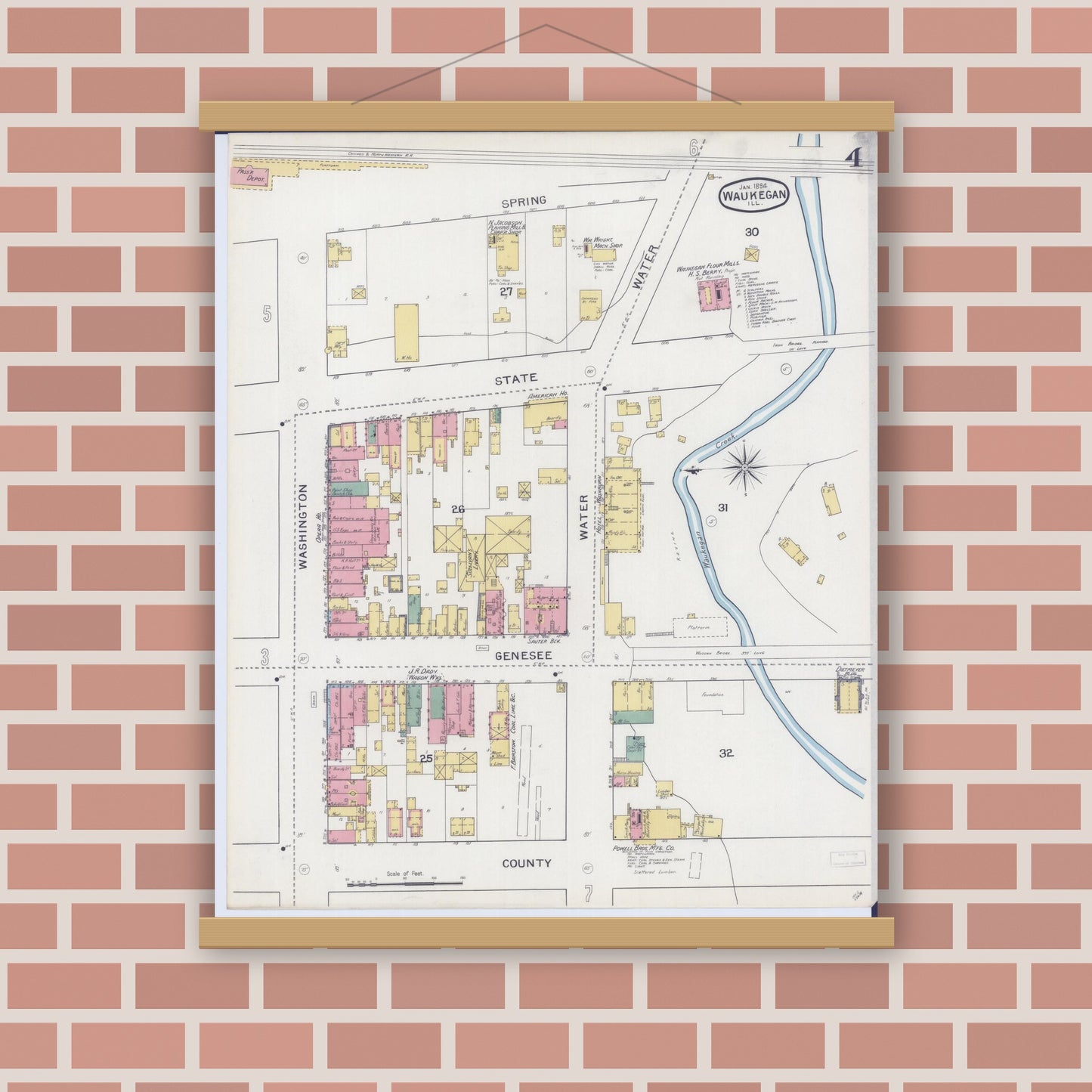 Old map wall art mockup — magnetic wood frame on brick wall — Sanborn Fire Insurance Map from Waukegan, Lake County, Illinois (1894), Sheet #0004