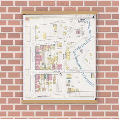 Old map wall art mockup — magnetic wood frame on brick wall — Sanborn Fire Insurance Map from Waukegan, Lake County, Illinois (1894), Sheet #0004
