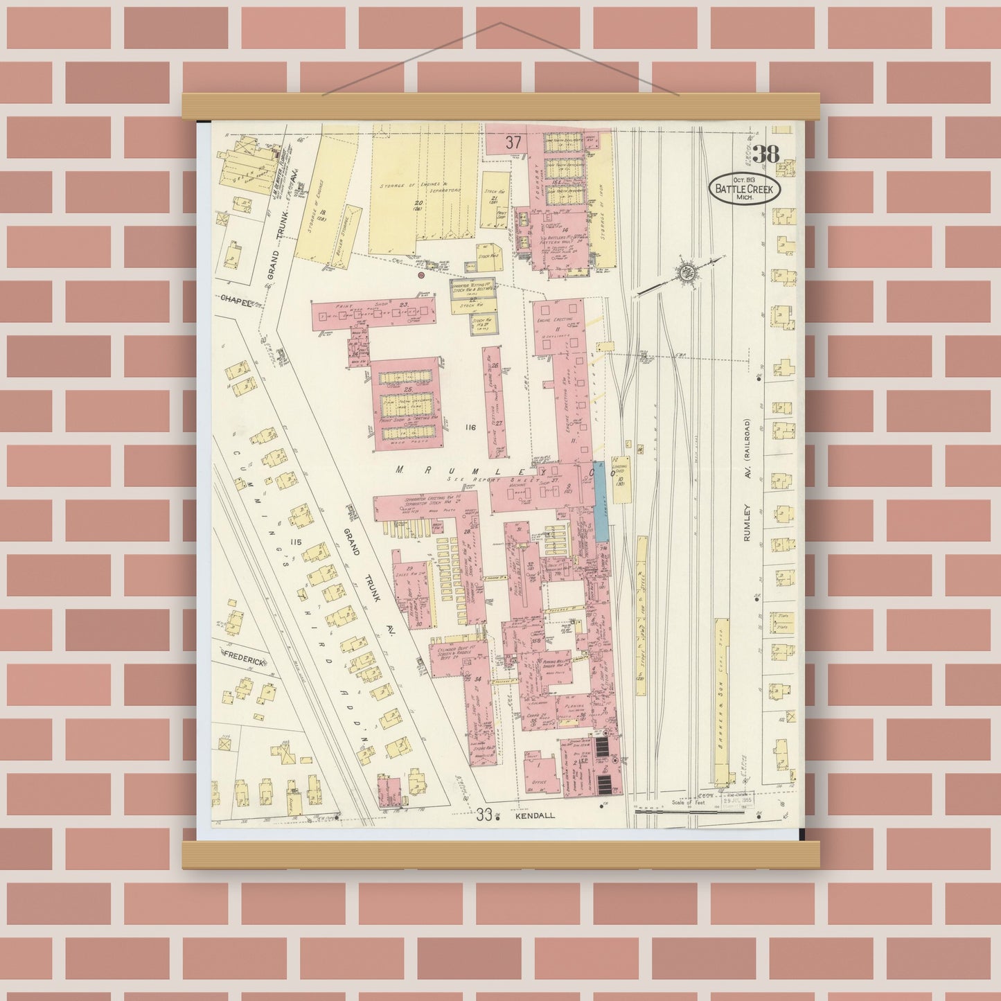 Old map wall art mockup — magnetic wood frame on brick wall — Sanborn Fire Insurance Map from Battle Creek, Calhoun County, Michigan (1913), Sheet #0038