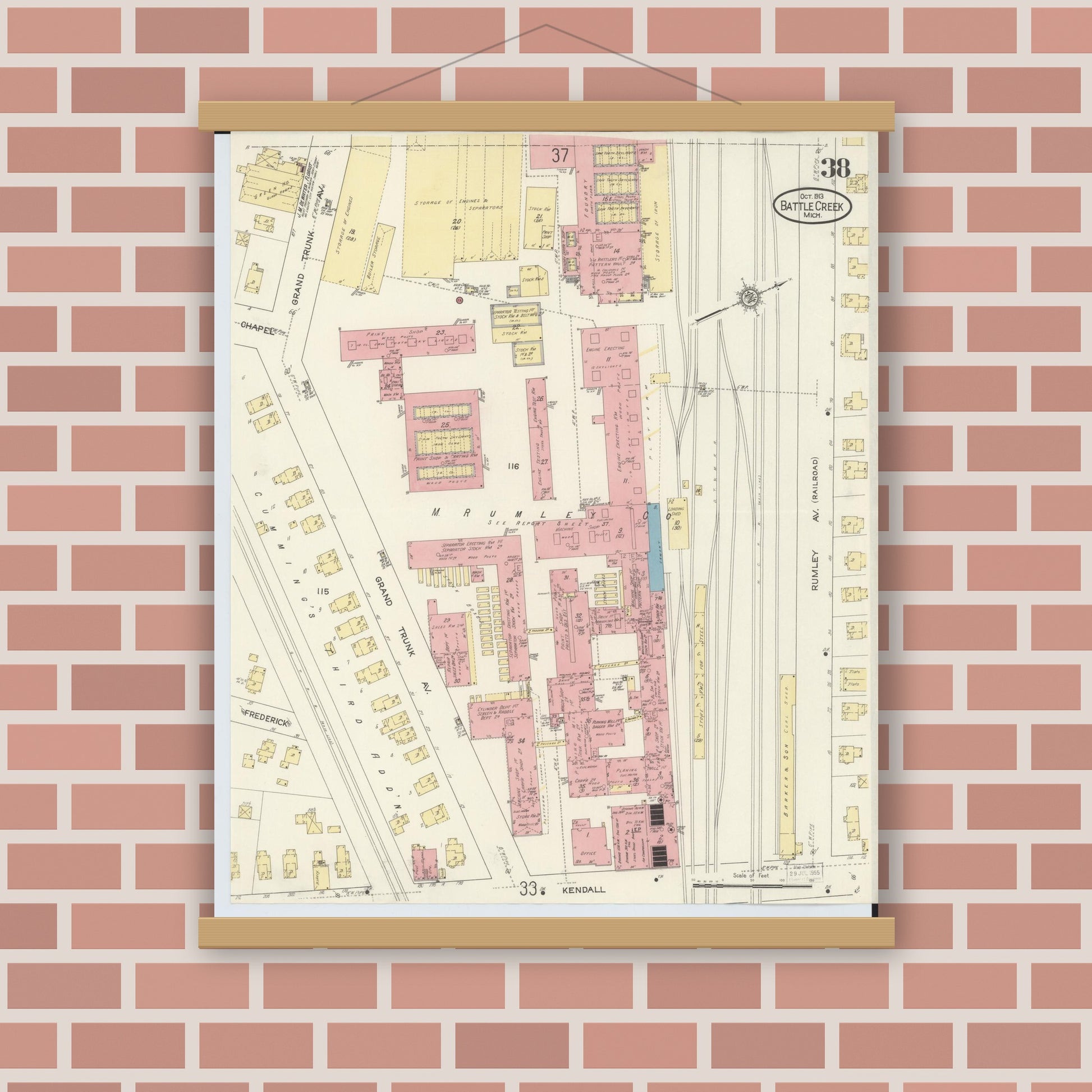 Old map wall art mockup — magnetic wood frame on brick wall — Sanborn Fire Insurance Map from Battle Creek, Calhoun County, Michigan (1913), Sheet #0038