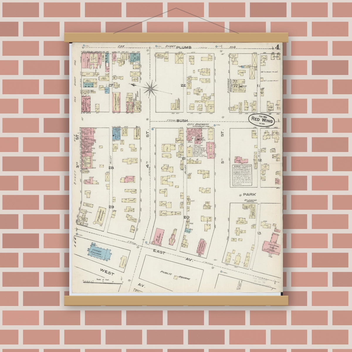 Old map wall art mockup — magnetic wood frame on brick wall — Sanborn Fire Insurance Map from Red Wing, Goodhue County, Minnesota (1884), Sheet #0004