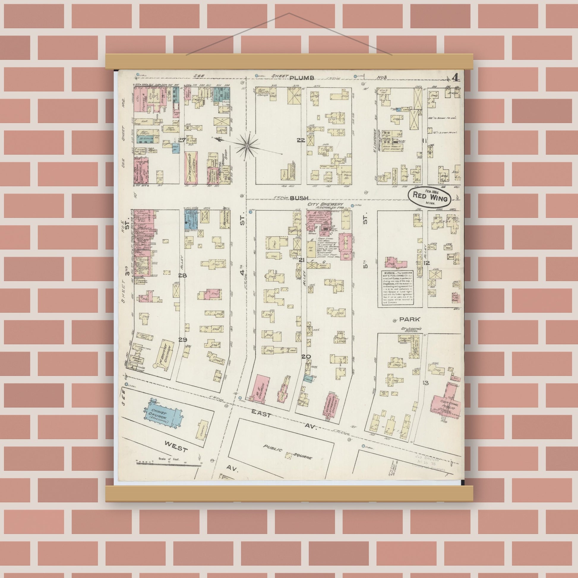 Old map wall art mockup — magnetic wood frame on brick wall — Sanborn Fire Insurance Map from Red Wing, Goodhue County, Minnesota (1884), Sheet #0004