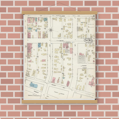 Old map wall art mockup — magnetic wood frame on brick wall — Sanborn Fire Insurance Map from Red Wing, Goodhue County, Minnesota (1884), Sheet #0004