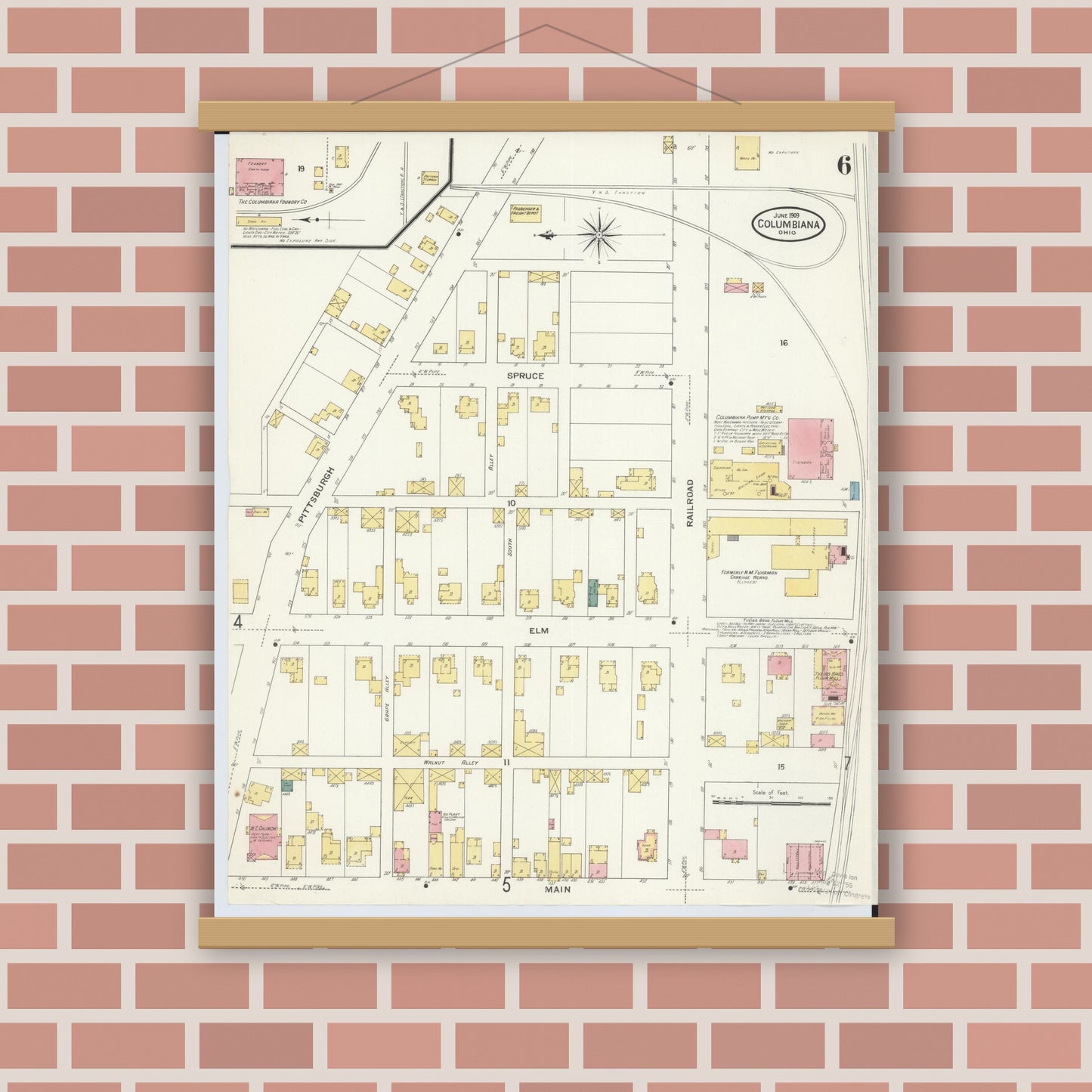 Old map wall art mockup — magnetic wood frame on brick wall — Sanborn Fire Insurance Map from Columbiana, Columbiana County, Ohio (1909), Sheet #0006