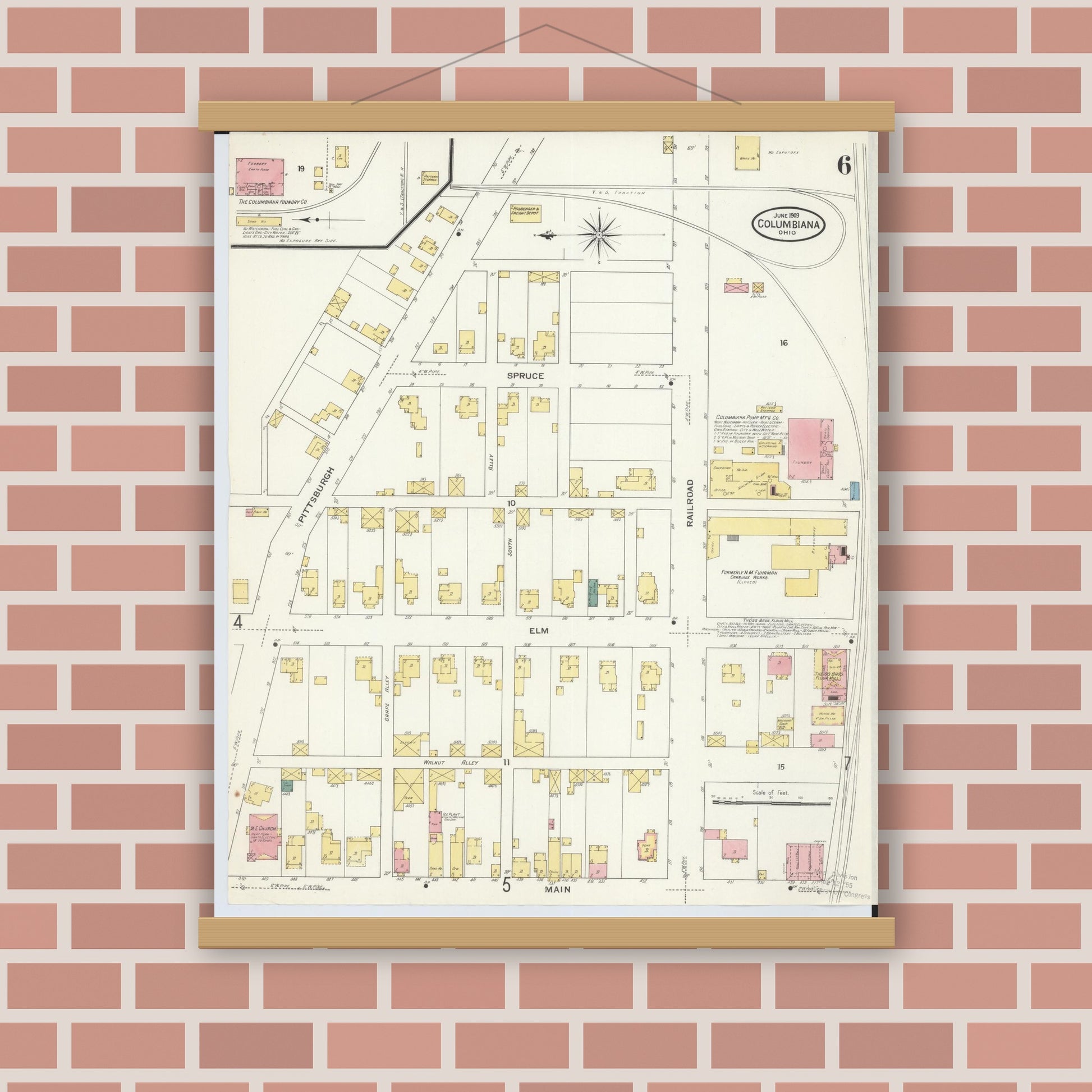 Old map wall art mockup — magnetic wood frame on brick wall — Sanborn Fire Insurance Map from Columbiana, Columbiana County, Ohio (1909), Sheet #0006