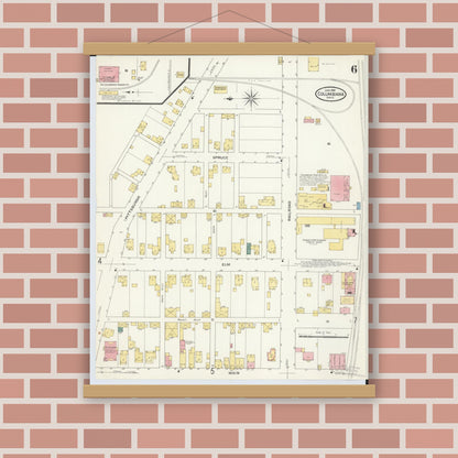 Old map wall art mockup — magnetic wood frame on brick wall — Sanborn Fire Insurance Map from Columbiana, Columbiana County, Ohio (1909), Sheet #0006
