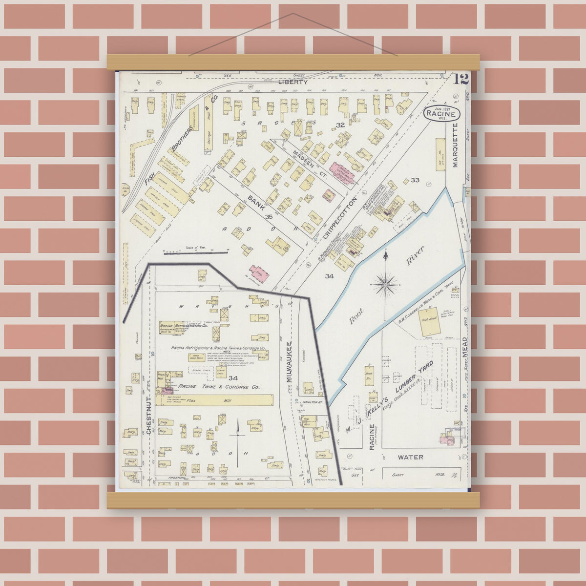 Old map wall art mockup — magnetic wood frame on brick wall — Sanborn Fire Insurance Map from Racine, Racine County, Wisconsin (1887), Sheet #0012