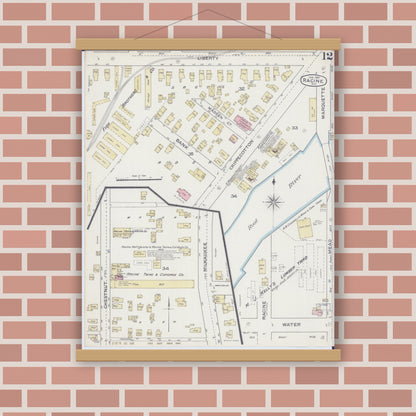 Old map wall art mockup — magnetic wood frame on brick wall — Sanborn Fire Insurance Map from Racine, Racine County, Wisconsin (1887), Sheet #0012