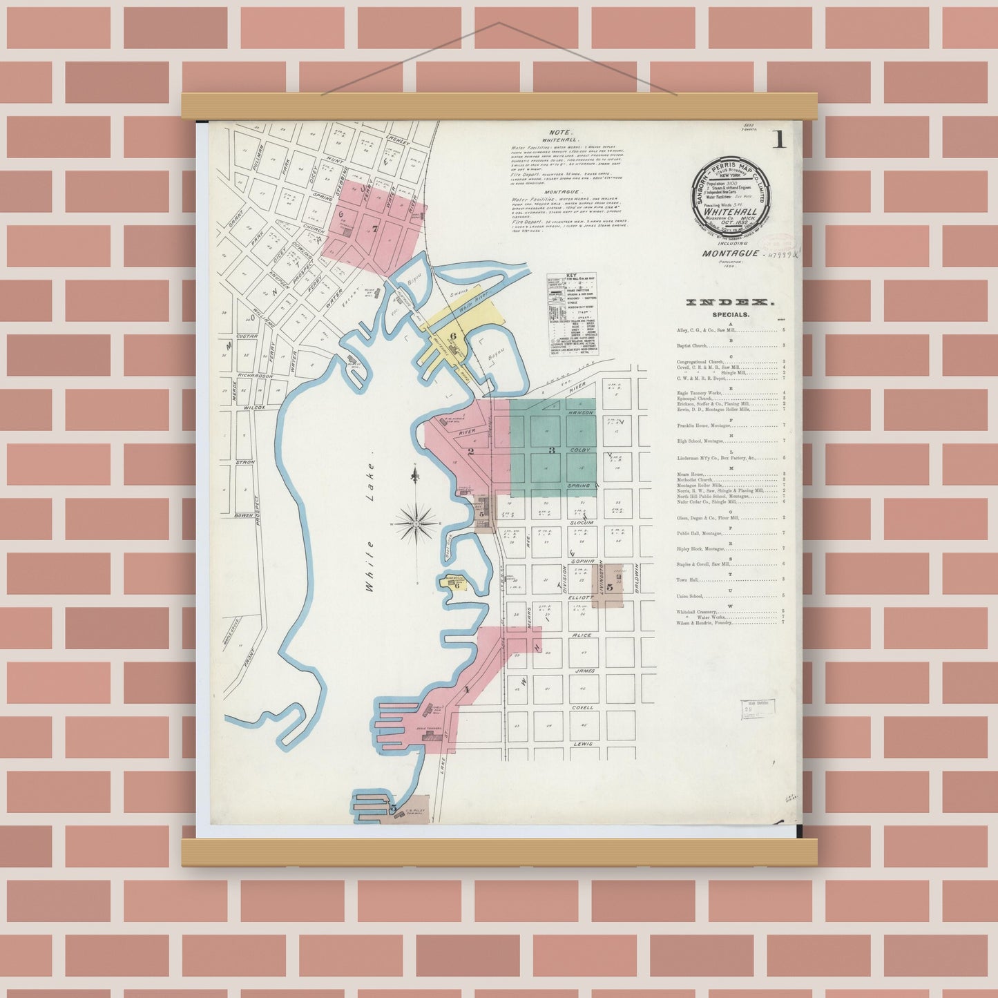 Old map wall art mockup — magnetic wood frame on brick wall — Sanborn Fire Insurance Map from Whitehall, Muskegon County, Michigan (1892) - Complete Map Set