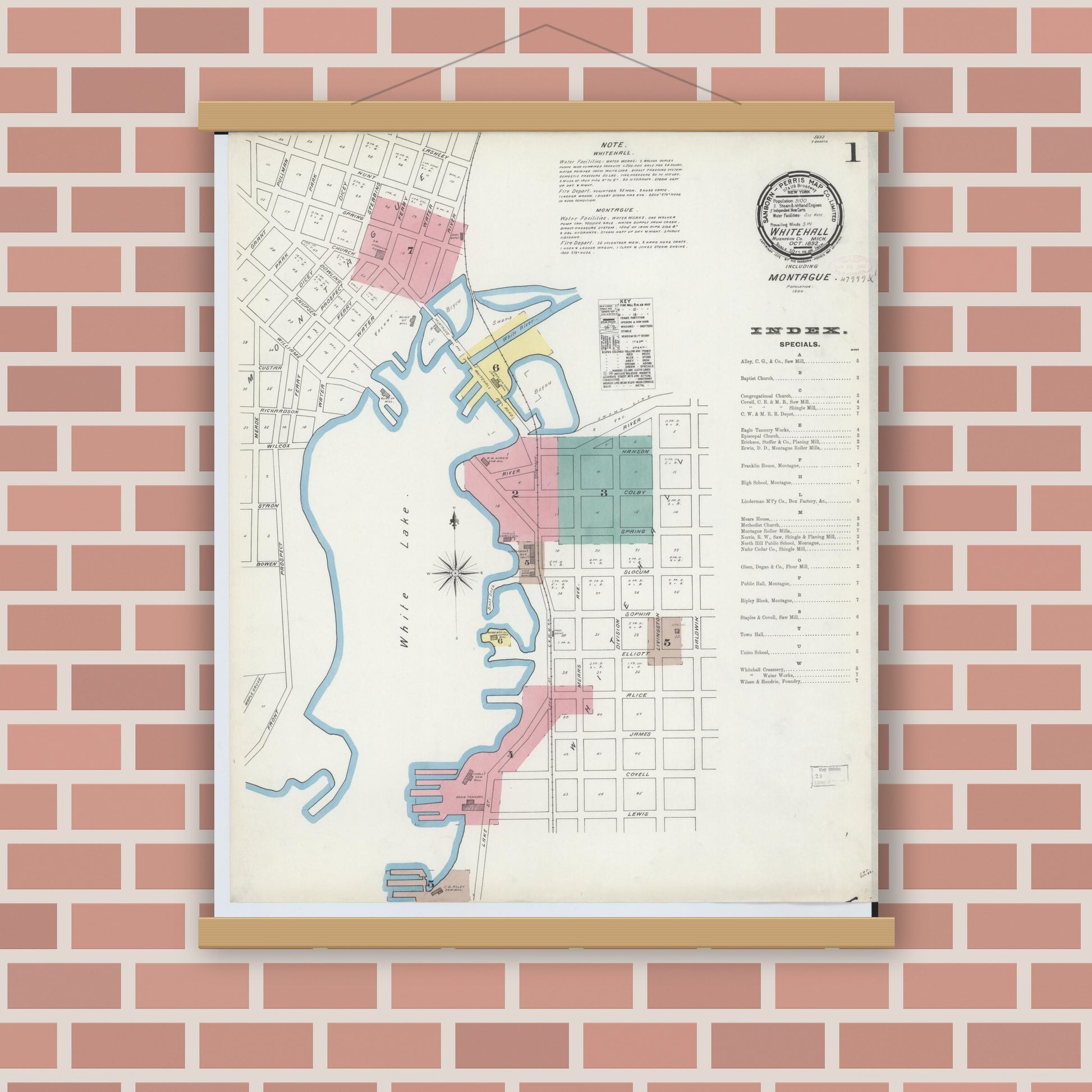 Old map wall art mockup — magnetic wood frame on brick wall — Sanborn Fire Insurance Map from Whitehall, Muskegon County, Michigan (1892) - Complete Map Set