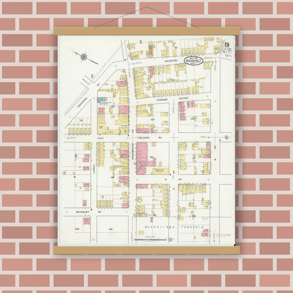 Old map wall art mockup — magnetic wood frame on brick wall — Sanborn Fire Insurance Map from Roosevelt, Middlesex County, New Jersey (1916), Sheet #0009