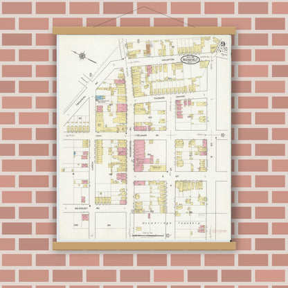 Old map wall art mockup — magnetic wood frame on brick wall — Sanborn Fire Insurance Map from Roosevelt, Middlesex County, New Jersey (1916), Sheet #0009