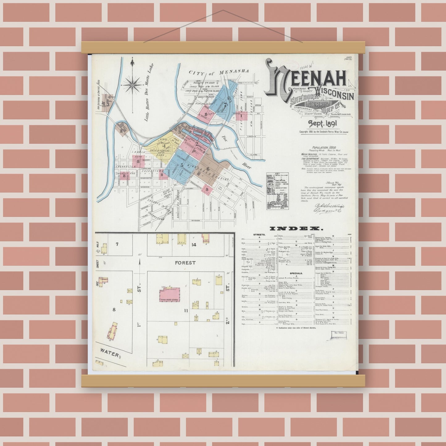Old map wall art mockup — magnetic wood frame on brick wall — Sanborn Fire Insurance Map from Neenah, Winnebago County, Wisconsin (1891) - Complete Map Set