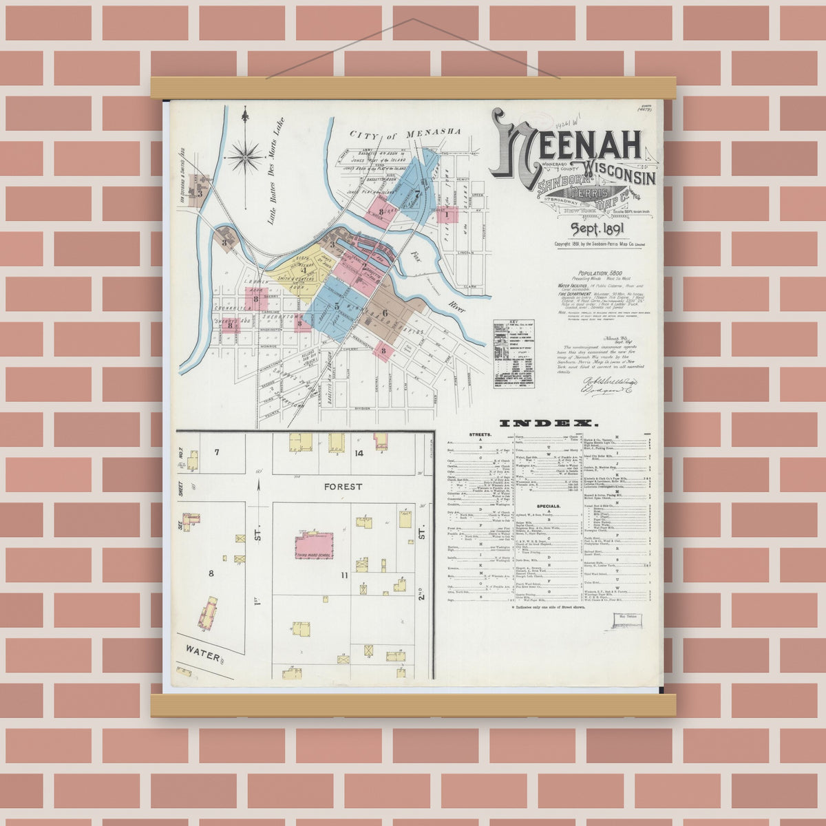 Old map wall art mockup — magnetic wood frame on brick wall — Sanborn Fire Insurance Map from Neenah, Winnebago County, Wisconsin (1891) - Complete Map Set