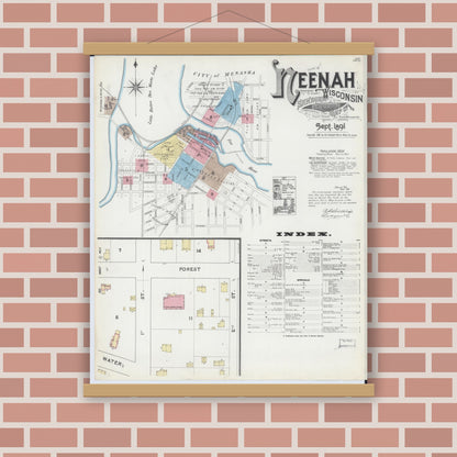 Old map wall art mockup — magnetic wood frame on brick wall — Sanborn Fire Insurance Map from Neenah, Winnebago County, Wisconsin (1891) - Complete Map Set