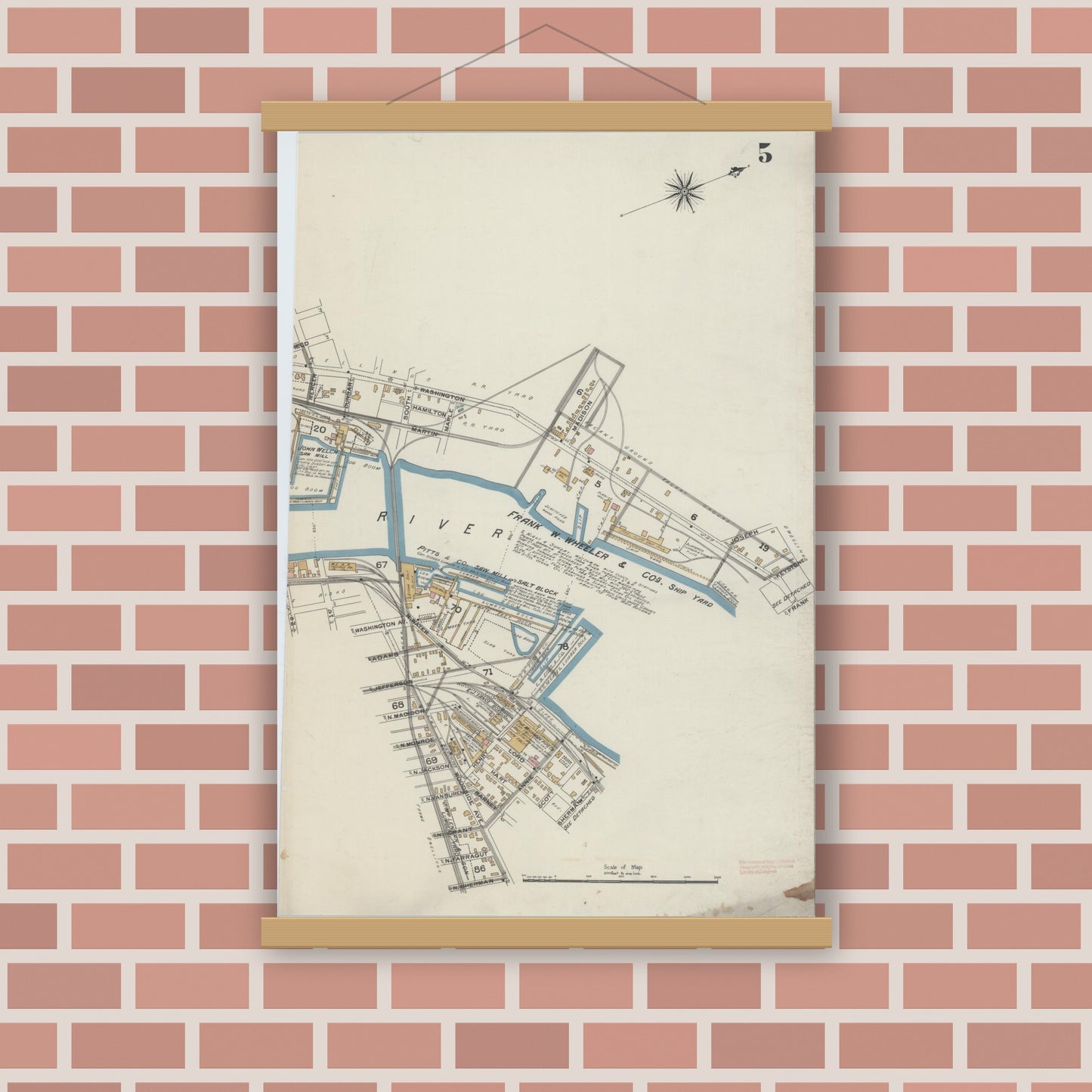 Old map wall art mockup — magnetic wood frame on brick wall — Sanborn Fire Insurance Map from Bay City, Bay County, Michigan (1895), Sheet #0005