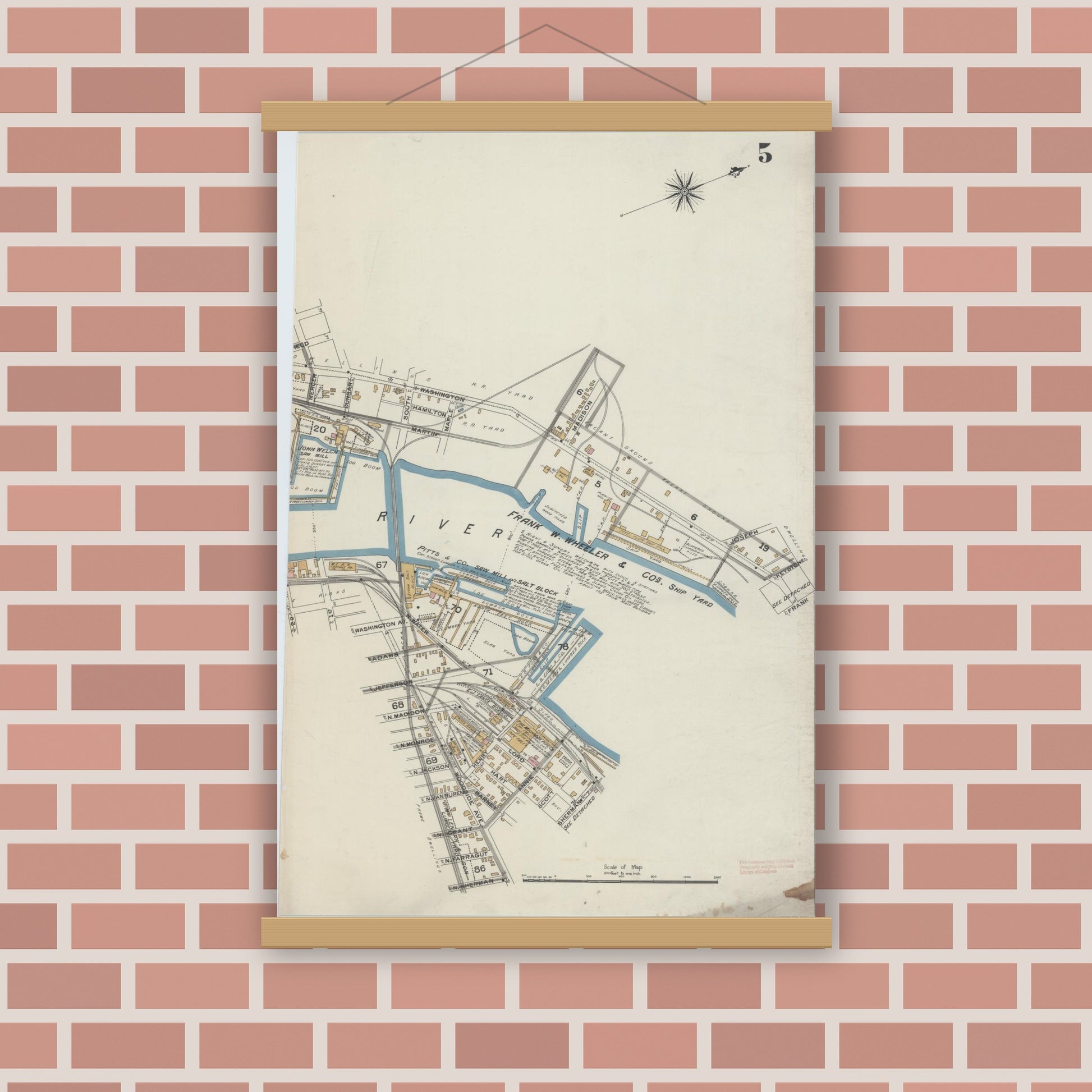 Old map wall art mockup — magnetic wood frame on brick wall — Sanborn Fire Insurance Map from Bay City, Bay County, Michigan (1895), Sheet #0005