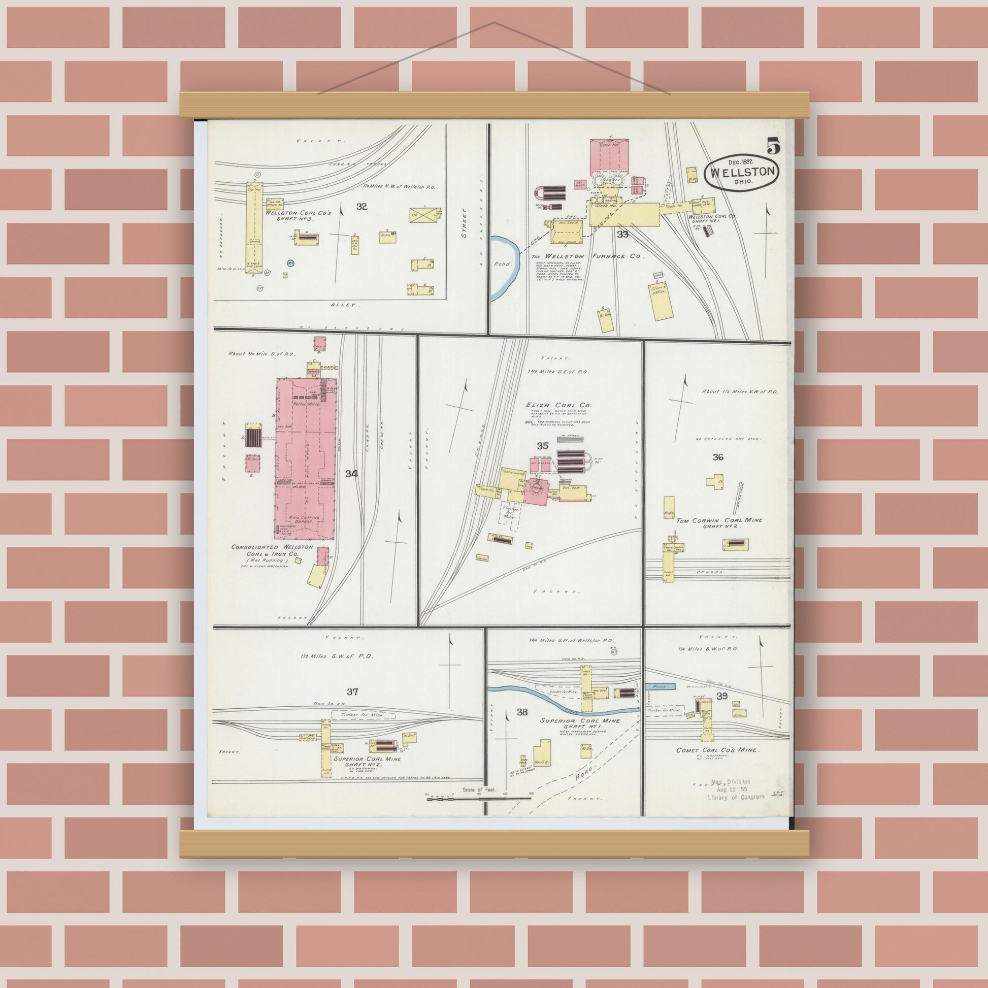 Old map wall art mockup — magnetic wood frame on brick wall — Sanborn Fire Insurance Map from Wellston, Jackson County, Ohio (1892), Sheet #0005