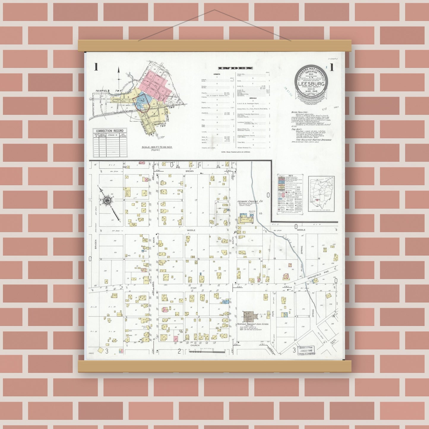 Old map wall art mockup — magnetic wood frame on brick wall — Sanborn Fire Insurance Map from Leesburg, Highland County, Ohio (1948) - Complete Map Set