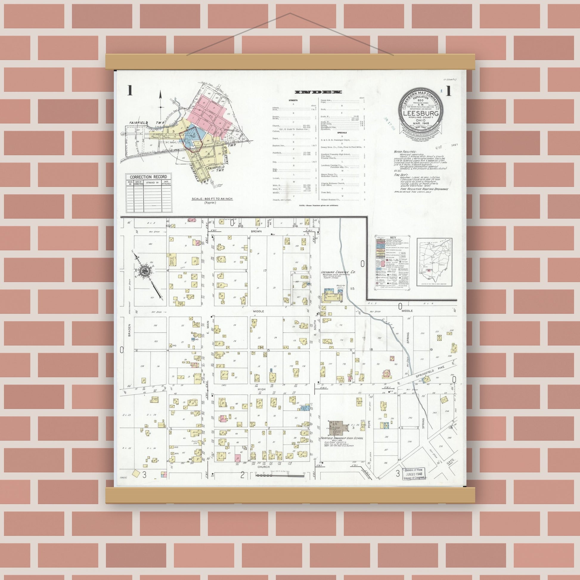 Old map wall art mockup — magnetic wood frame on brick wall — Sanborn Fire Insurance Map from Leesburg, Highland County, Ohio (1948) - Complete Map Set